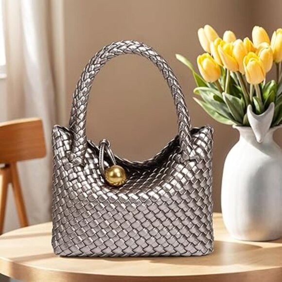 Neiman Marcus Metallic Woven Vegan Leather Handbag with Gold Sphere Clasp - Picture 1 of 3